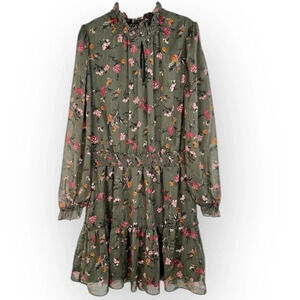 DREW Anthro Green Floral Print Dress Gold Stripes Long Sleeves Smocked Size L